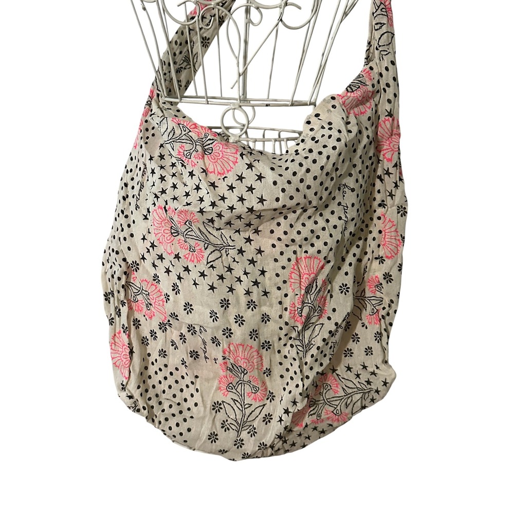 Free People Boho Floral Polka Dot Star Print Hobo Bag Cream Pink Slouchy Tote